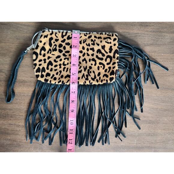 Prüne Leopard Print Haircalf Look Leather Suede Fringe Wristlet Bag Western Boho - Picture 6 of 10